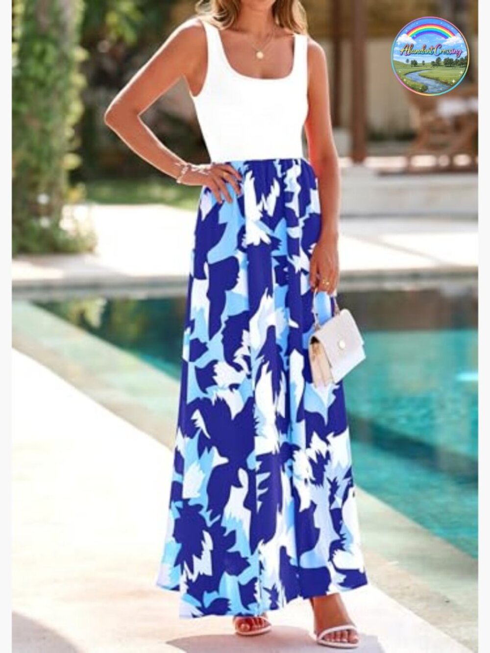 Boho Floral Maxi Dress Sleeveless Scoop Neck A-Line Tank Dress with Pockets - Picture 6 of 7